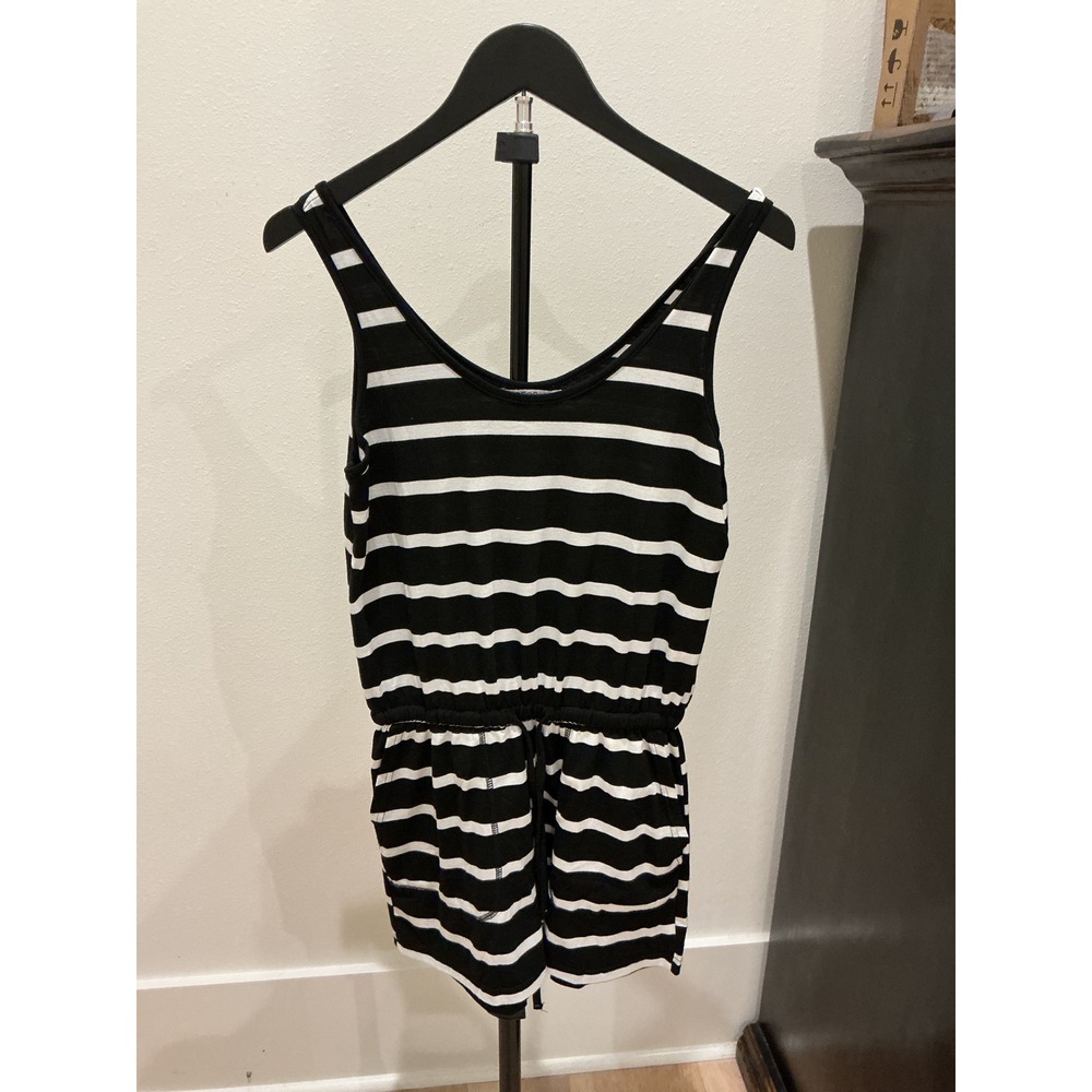 Reoria Womens Black White Striped Sleeveless Romper Elastic Waist Pockets Small